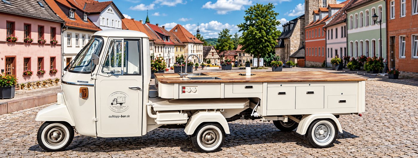 Weiße XXL Piaggio Ape als mobile Eventbar und Cateringfahrzeug